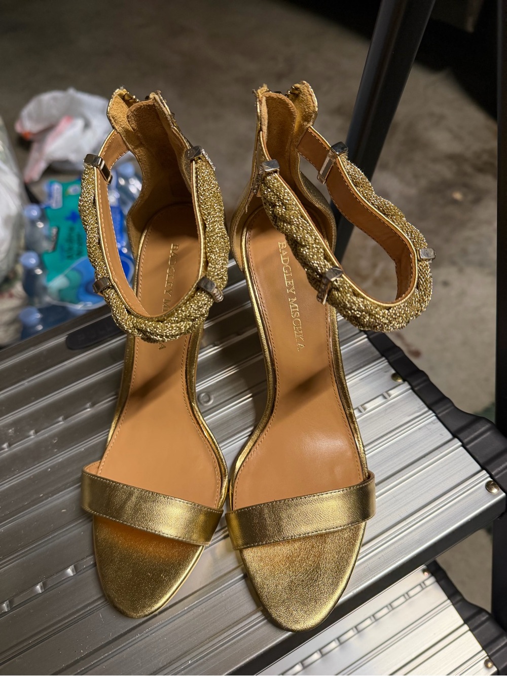 Badgley Mischka Gold Strappy Evening Sandals with Embellished Ankle